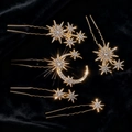 5-piece gold star and moon hair pin set with sparkling crystals on black velvet - Star Moon Hair Pin Set / Gold