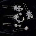 Moon and star hair pin set with sparkling rhinestones on elegant black velvet base - Star Moon Hair Pin Set / Silver