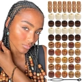60pcs mixed printed wood beads for hair styling with black threading tool on white background - Mixed Printed Totem Styles / Diverse Beads Set