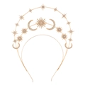 Detail of a gold sun goddess crown featuring triple-layered stars and moon embellishments - Gold