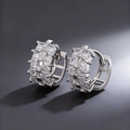 Silver hoop earrings with triple row square crystals and luxury minimalist metal finish - Silver
