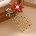 Vintage goldener Blumen-Haarkamm mit roten Kristallen und Perle, elegantes Haarschmuck - Rot