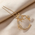 Elegant gold hair fork with crescent moon and star set with white rhinestones - Moon and Star Style / Gold
