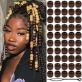 60pcs dark brown large hole faux wood beads for hair braiding with black styling tool - Brown