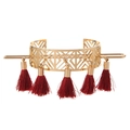 Vintage hollow geometric gold hair stick with five dark red silk tassels in detail - Red Tassel