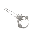 Silver celestial hair pin featuring crystal-encrusted crescent moon and stars design - Moon and Star Style / Silver