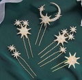 6pcs gold celestial hair pins set with stars and moon rhinestones for bridal hair styling - Star Moon Full Set Hair Pins / Gold