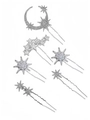 Elegant 6-piece silver star and moon hair pin set with sparkling crystals and rhinestones - Star Moon Full Set Hair Pins / Silver