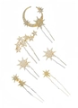 Golden moon and star hairpins set with rhinestones for elegant bridal styling - Star Moon Full Set Hair Pins / Gold