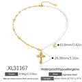Collana con perle bianche e ciondoli a cuore in acciaio inossidabile dorato a forma di Y - Stile Splicing Perla Croce Cuore Placcato Oro 18K (XL31167) / Placcato Oro 18K