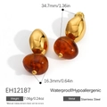 Vintage stainless steel drop earrings with amber resin beads and 18k gold plating - Amber Water Drop Style (EH12187) / 18K Gold Plated