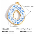 Oval stainless steel pendant with blue floral porcelain pattern and golden frame - Blue Floral Irregular Oval Pendant (PJ93350)