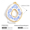 Irregular stainless steel oval pendant with blue floral pattern and gold plated edge - Blue Floral Irregular Oval Pendant (PJ93351)