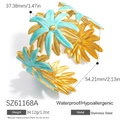 Adjustable 18K gold-plated stainless steel cuff bracelet with blue enamel flower motifs - Lake Blue Style (SZ61168A) / 18K Gold Plated
