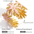Pink enamel flower bangle in 18k gold plated stainless steel with open adjustable design - Pink Style (SZ61168C) / 18K Gold Plated