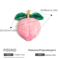 Pink peach fruit pendant charm in stainless steel with green leaves and gold hook - Peach Pendant (PJ93400)