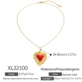 Collana vintage in acciaio inossidabile placcato oro con cuore smaltato rosso e cornice - Intaglio Cavo Europeo (XL32100)