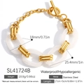 Gold stainless steel link bracelet with white resin rings and secure OT toggle clasp - Milky White Marble Style (SL41724B) / 18K Gold Plated / Milky White
