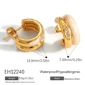 Golden C-shaped stainless steel earrings with white enamel and sparkling crystal inlay - Gold C-Shaped Enamel Rhinestone Style (EH12240)
