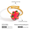 Adjustable golden stainless steel ring featuring pink tropical fruit enamel design - Dragon Fruit Style (JZ21581)