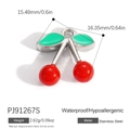 Polished stainless steel cherry pendant with red enamel fruit and green leaf detail - Enamel Cherry Style (PJ91267S)