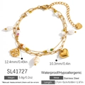 Bracciale a doppio strato in acciaio inossidabile dorato con conchiglie e perline - Stile Doppio Strato Cuore Conchiglia (SL41727) / Placcato Oro 18K