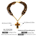 Leopard print cross pendant necklace with stainless steel chain and 18k gold plating - Vintage Cross Resin Necklace (XL32029)