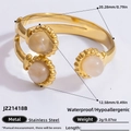 Golden stainless steel open ring with three white stone beads and floral carved details - White Stone Stainless Steel Spiral Open Ring (JZ21418B)