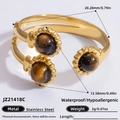 Gold stainless steel open ring with three brown tiger eye stones in petal settings - Tiger Eye Stainless Steel Spiral Open Ring (JZ21418C)