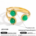 18k gold-plated stainless steel ring with three round green natural stone cabochons - Green Agate Stainless Steel Spiral Open Ring (JZ21418D)