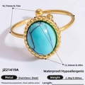 Vintage 18k gold plated stainless steel ring with oval turquoise stone and bead edge - Oval Turquoise Stainless Steel Beaded Open Ring (JZ21419A)