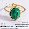 18k gold plated stainless steel open ring with green malachite stone and evil eye design - Oval Malachite Stainless Steel Wave Edge Open Ring (JZ21419B)