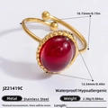 Adjustable 18K gold plated stainless steel ring with large oval red gemstone inlay - Oval Ruby Color Stainless Steel Open Ring (JZ21419C)