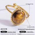 Vintage stainless steel 18K gold ring featuring a large oval tiger eye natural stone - Oval Tiger Eye Stainless Steel Open Ring (JZ21419E)
