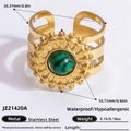 Bague vintage tournesol en acier inoxydable doré 18k avec pierre de malachite verte - Ouvert Réglable / Style malachite tournesol (JZ21420A)