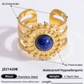 Bague réglable en acier inoxydable plaqué or 18K avec une pierre ronde vert paon - Ouvert Réglable / Style lapis-lazuli tournesol (JZ21420B)