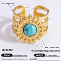 Golden stainless steel adjustable ring with blue natural stone in a sunburst design - Sunflower Sodalite Stainless Steel 3-Layer Open Ring (JZ21420C)
