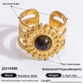 Golden 18k plated stainless steel ring with tiger eye stone and sunburst design - Sunflower Tiger Eye Stainless Steel 3-Layer Open Ring (JZ21420D)