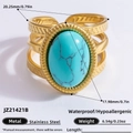 Bague en acier inoxydable plaqué or 18 carats avec turquoise verte ovale et anneau texturé - Ouvert Réglable / Style de Texture Turquoise Large (JZ21421B)