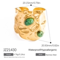 Classic stainless steel wide open ring with hammered texture and green gemstones - Hammered Double Gemstone Stainless Steel Open Ring (JZ21430)