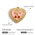 Pink heart-shaped pendant with cherry design and crystals in gold-plated stainless steel - Pink Base Cherry Rhinestone Heart Pendant(PJ93453B)
