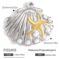 Pendaglio a conchiglia in acciaio inox argento con stella marina dorata e perle bianche - Stile Conchiglia di Perla Stella Marina Argento (PJ93469)