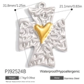Waterproof stainless steel cross pendant with gold heart and hammered texture detail - Hammered Cross Heart Style (PJ92524B)