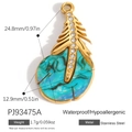 Pendente piuma d'oro in acciaio inossidabile con resina turchese e pietre di zircone - Stile Piuma Texturizzata Ciano (PJ93475A)
