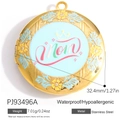 Golden stainless steel Mom locket pendant with blue floral details and rainbow text - Blue MOM Round Locket (PJ93496A)