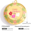Golden stainless steel Mother's Day locket with green leaves and red flower embossed edge - Happy Mother's Day Round Pendant (PJ93496B)