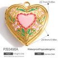 Gold stainless steel heart locket pendant with pink enamel flower and leaf designs - Pink Heart Floral Locket (PJ93498A)