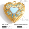 Golden heart locket pendant with blue enamel flowers in stainless steel for necklaces - Blue Enamel Heart Locket (PJ93498C)