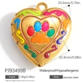 Golden stainless steel heart locket with colorful oil drip paw print and floral design - Colorful Scroll Pattern Paw Locket (PJ93499B)