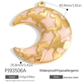 Pink enamel crescent moon and stars pendant in gold-plated stainless steel - Pink Star Crescent Moon Pendant (PJ93506A)
